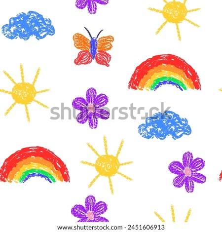 Seamless pattern with childlike crayon rainbow and sun