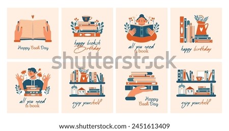 Happy Birthday to Book Lover. Set of square greeting cards. Big creative set illustrations for World Book Day. Collection cute cozy clip art with books, stack of book, hands, bookshelf.