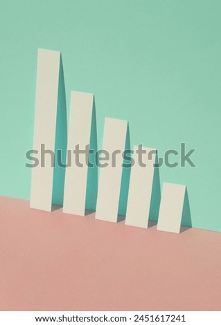 Paper-cut chart bars on blue-pink pastel background. Creative business layout