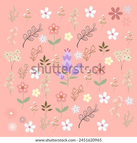 Boho Floral illustration vector on a pink background. Pattern floral illustration banner template. Cute floral composition vector for cover and all prints. Spring Boho Wild Floral  greeting card
