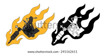 Tattoo machines in flame. Color, black and white. Vector clip art illustrations isolated on white