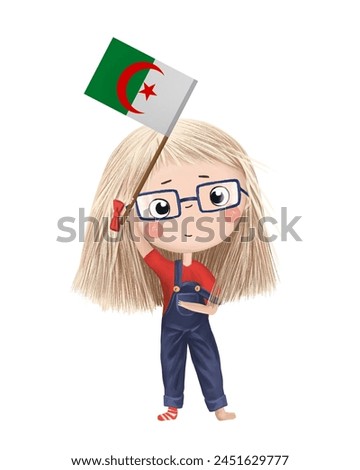 Funny cute girl with flag of Algeria. Bright clip art isolated