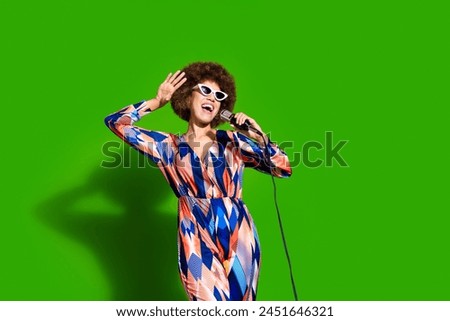 Photo of funny cute cheerful woman wear stylish clothes have fun friday enjoy weekend chill isolated on green color background