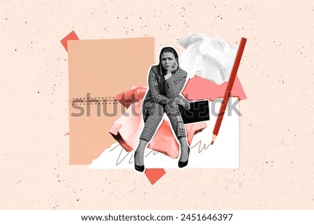 Composite photo collage of upset tired businesswoman hold clipboard crumpled paper notepad pencil draw idea isolated on painted background