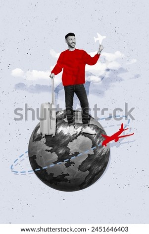 Vertical photo collage picture young cheerful man traveling across world planet earth airplane drawing background journey