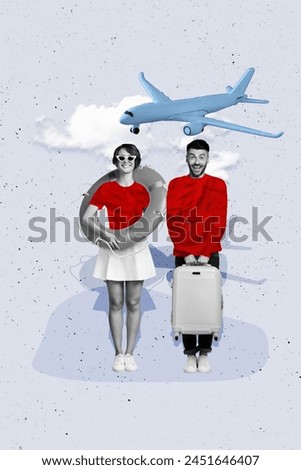 Vertical collage picture young couple partners man woman valise vacation resort passenger airplane flight travel agency drawing background