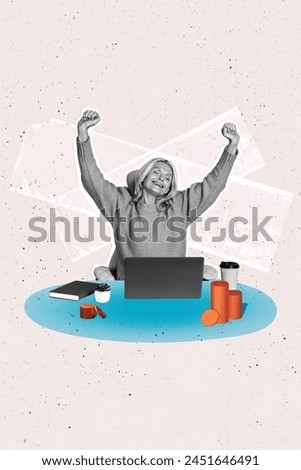 Vertical photo collage picture mature woman trader celebrate victory earn money profit rich wealthy investor drawing background