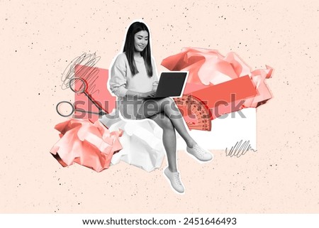 Creative picture photo young sitting girl laptop user student university remote worker paper trash rubbish internet online job