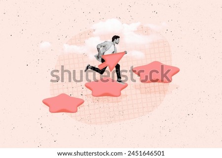 Creative picture collage young man running upwards achieve goal aim dream carry pointer arrow results progress drawing background