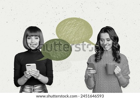Composite photo collage of two happy girls hold iphone text box correspondence chat bubble distance speak isolated on painted background