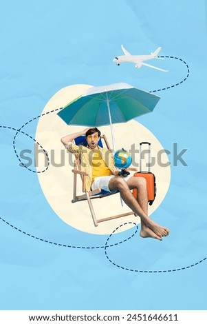 Vertical photo collage creative image sitting young amazed shocked man tourist umbrella airplane tickets booking abroad vacation