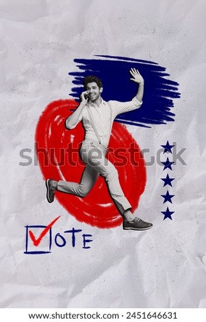 Vertical picture collage young running man greeting palm hand checkbox voter election referendum concept drawing background