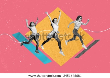 Creative picture image young running happy cheerful women celebrate victory positive mood achieve goal accomplish raised hands triumph