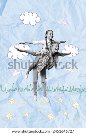 Creative vertical collage picture young woman mother day young teen daughter flight wings paper plane environment clouds grass