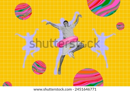 Creative collage picture young energetic crazy man yellow checkered background bathing ring swim vacation seaside journey