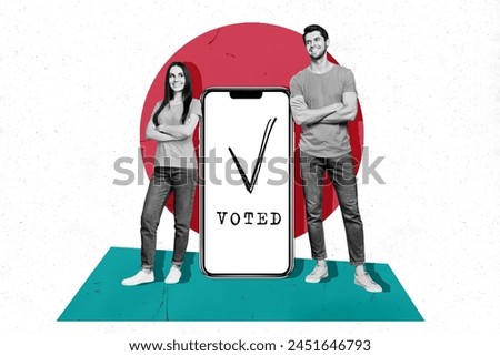 Composite photo collage of happy girl guy stand huge iphone screen online vote technology election day isolated on painted background