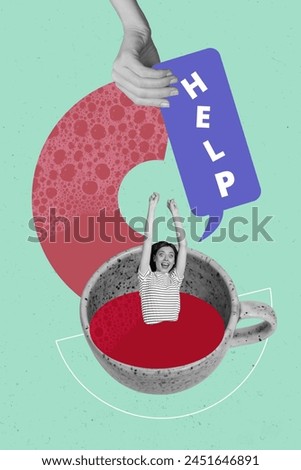 Vertical collage picture young emotional crazy woman cup drink liquid help textbox say drowning pool drawing background
