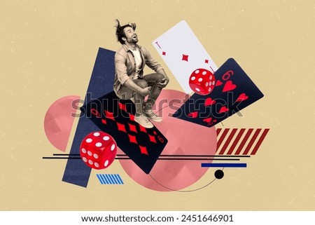 Creative collage photo picture young jumping man casino gambling card dice combination fortune winner drawing background player