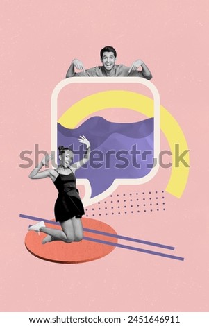 Vertical collage picture young happy joyful man woman positive mood jumping girl textbox bubble speech phrase drawing background