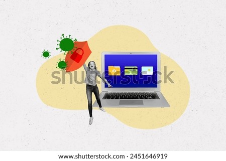 Composite collage picture of mini black white colors girl antivirus shield protect virus laptop isolated on creative background