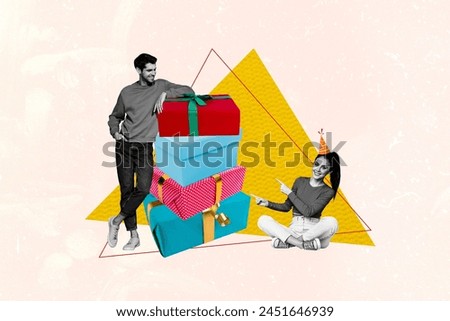 Composite trend sketch image photo collage of young man lady couple friends celebrate happy birthday show gesture huge pile box present