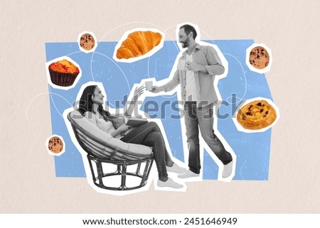 Creative drawing collage picture of mature couple dating care tasty sweet food delicious pastry unusual fantasy billboard comics