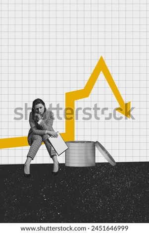 Vertical creative collage picture sitting young businesswoman manager trader financial crisis bankruptcy decrease falling arrow charts