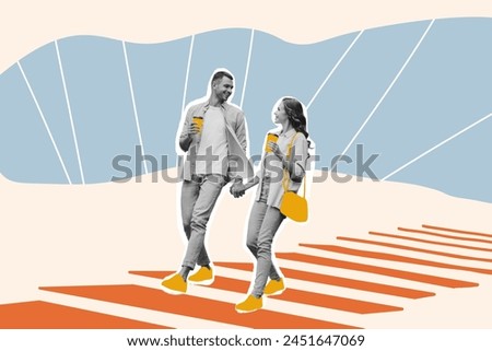 Creative trend collage of cute couple hold hands drink coffee spend time together weird freak bizarre unusual fantasy Royalty-Free Stock Photo #2451647069