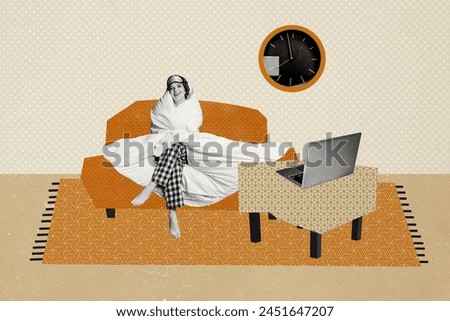 Creative trend collage of funny female watch film interior comfy home weekend banner bizarre unusual fantasy billboard comics Royalty-Free Stock Photo #2451647207