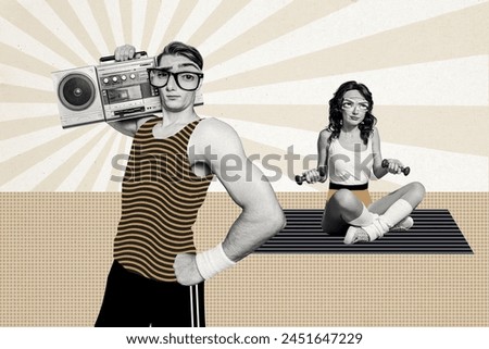 Composite photo collage of funny sportsman sportswoman hold boombox dumbbell exercise pilates marathon isolated on painted background