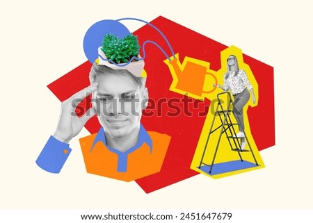Creative collage picture young happy woman watering plant man headache migraine houseplant blossom ladder drawing background