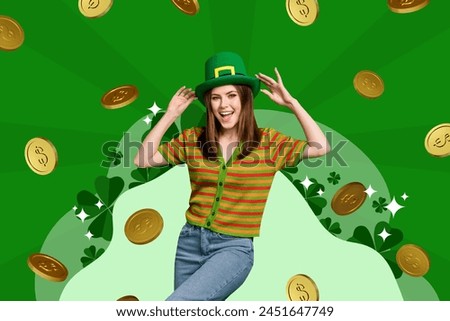 Composite sketch image artwork collage of young attractive lady calabrate saint patrik day wear hat green clover coins fall like rain Royalty-Free Stock Photo #2451647749