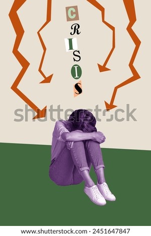 Vertical photo collage of upset depressed girl hug knees arrow down problem failure fatigue hopelessness isolated on painted background