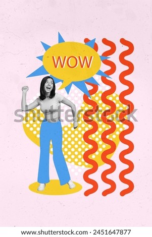 Vertical collage picture funky girl energetic amazed happy dancer wow textbox speech bubble disco rhythm party drawing background Royalty-Free Stock Photo #2451647877