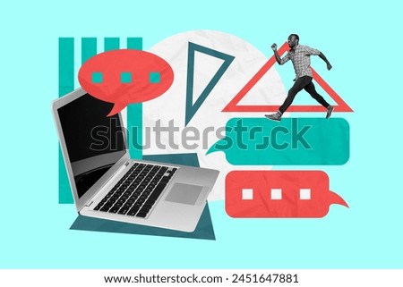 Creative collage picture running smiling man computer laptop messenger app social network textbox communication reply typing