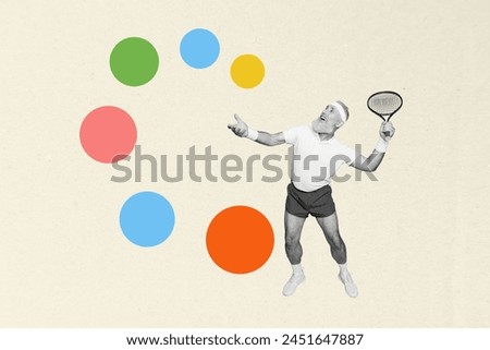 Photo collage creative picture elder man training badminton player hit ball circle racket energetic hobby professional sportsman