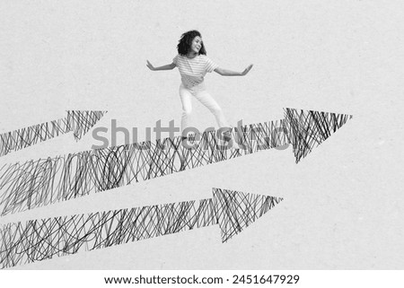 Photo creative collage picture young girl surfer go forward arrow pointers increase rise up reach goal target success drawing background