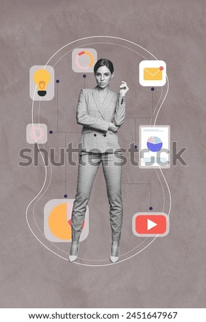 Creative picture collage young attractive lady employee entrepreneur youtube icon messenger notification infographics lightbulb