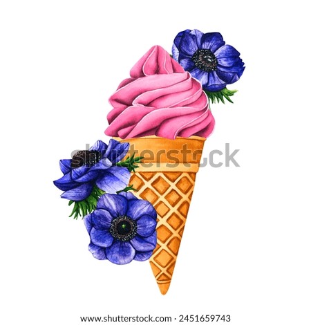 Tasty ice cream with blue anemone flowers. Sweet summer dessert, gelato with different tasties, ice-cream cone and popsicle. Watercolor illustration street frozen food for postcards, design, print.