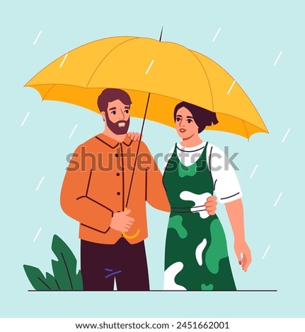 Two people standing under a yellow umbrella in the rain, illustration on a light blue background depicting companionship. Flat vector illustration Royalty-Free Stock Photo #2451662001