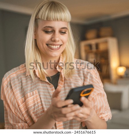 Young beautiful caucasian woman text message and browse internet on mobile phone at home