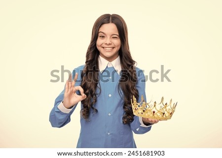 Beauty teen girl queen wear crown. Child in princess diadem.