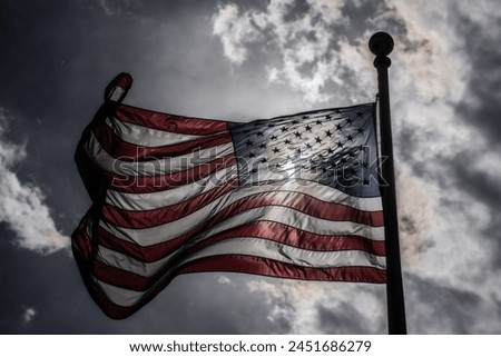 American election and vote concept. Waving american flag on sky background. Grunge American flag. US flag and sunrise. Independence day. USA flag, stars and stripes, united states of America.