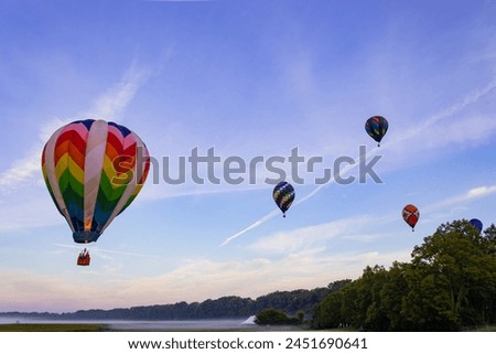 Hot air balloons gracefully ascend through morning fog, painting a serene picture of tranquil beauty above the peaceful countryside.