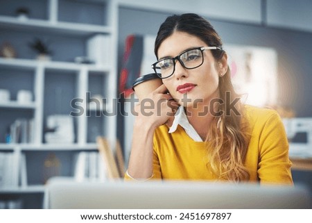 Thinking, coffee and woman in office and tired, laptop and pensive from burnout in workplace. Exhausted, doubt and overtime for fashion designer, creative block and deadline for stress businesswoman Royalty-Free Stock Photo #2451697897
