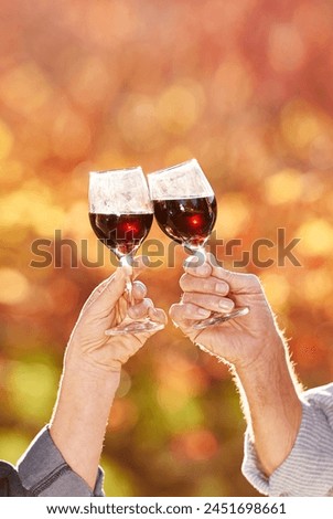 Mature couple, wine and toast in garden for retirement, celebration and vacation in nature for marriage. People, sunshine and cheers to wellness, health and love in countryside for anniversary drink. Royalty-Free Stock Photo #2451698661