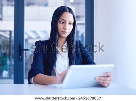 Business, woman or tablet with typing, internet or website info for stock market, investment or accounting. Person, accountant or economist with tech, connection or digital app with research or email
