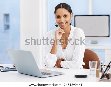 Creative, laptop and portrait of girl in office building of designer company and editor for agency. Woman, happy and technology for proofreading online article in Atlanta, professional and positive.