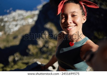 Woman, selfie and outdoor for hiking, social media post and profile picture in summer for online memories. Happy influencer or content creator and smile on mountain for adventure in spring on mockup