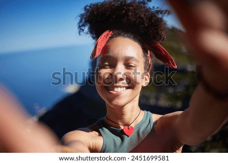 Mountain, travel and woman with smile in selfie for vacation memory, adventure or hiking update. Content creator, influencer and happy with picture in nature for tourism, post or social media in Peru